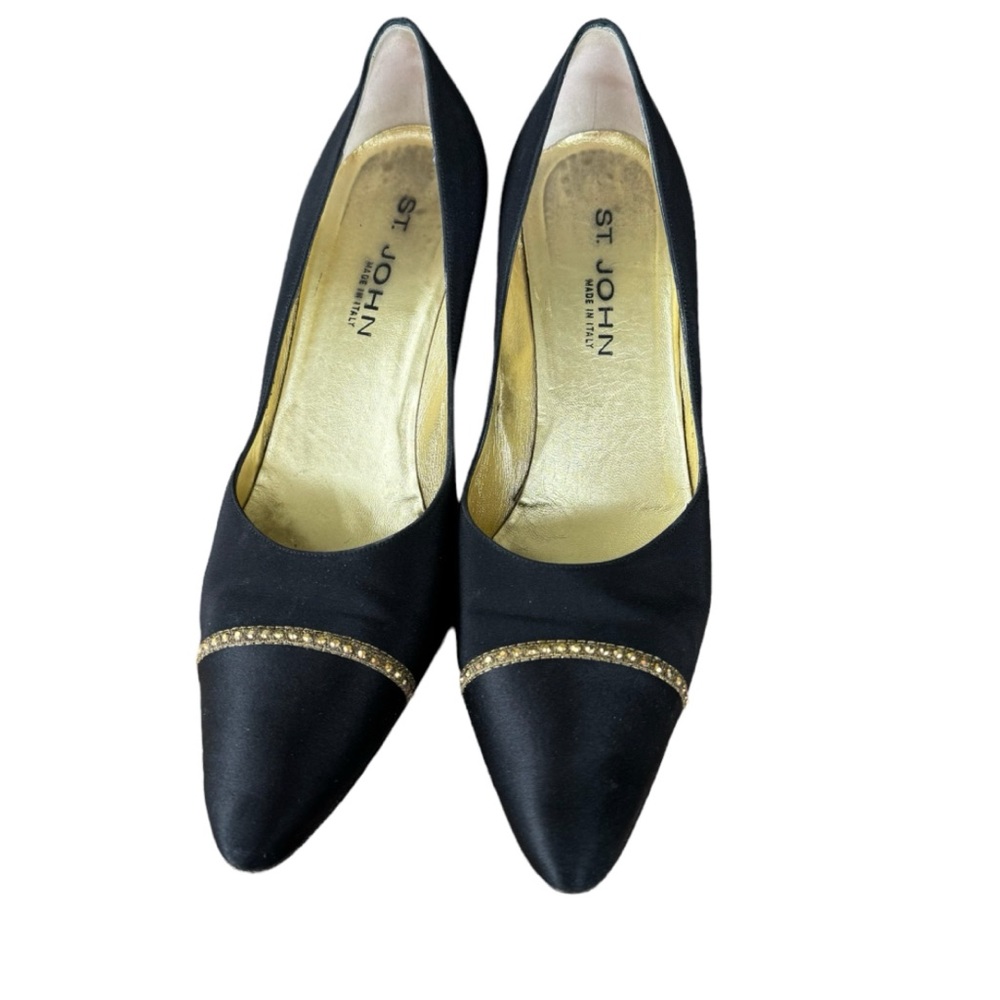 ST JOHN Made In Italy Black Cloth Rhinestone Trim Women's Heels Size 11